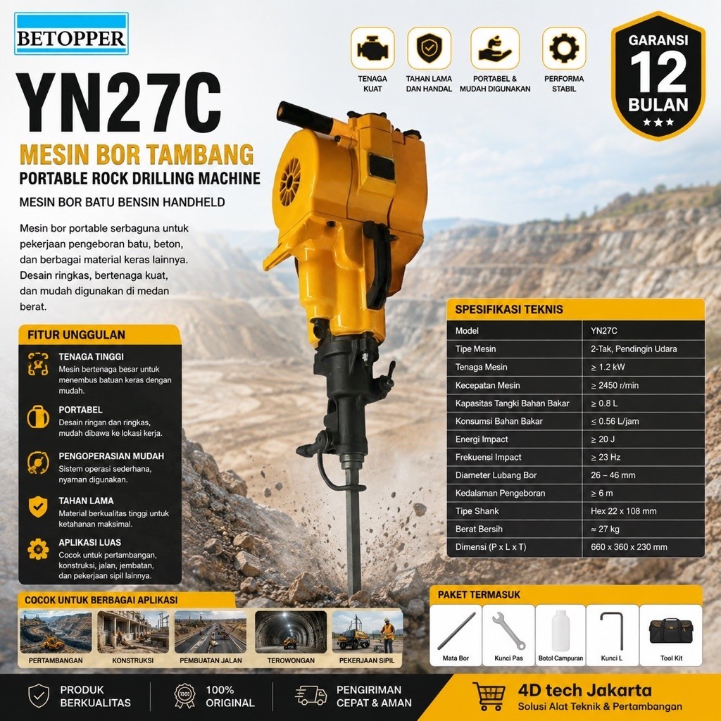 Mesin Bor Tambang YN27C Portable Rock Drilling Machine | Mesin Bor Batu Bensin Handheld