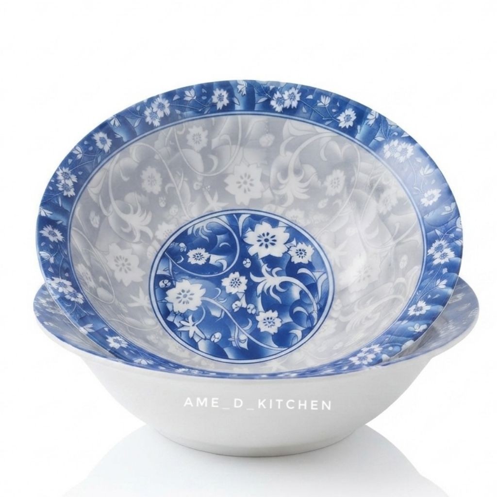 Mangkok bijian keramik bulat besar 9"/ mangkok sayur motif bunga biru