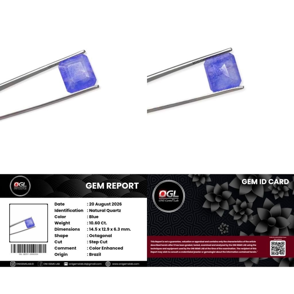 10.60 Ct. Natural Blue Quartz Brazil Gemstone Sertifikat OGL