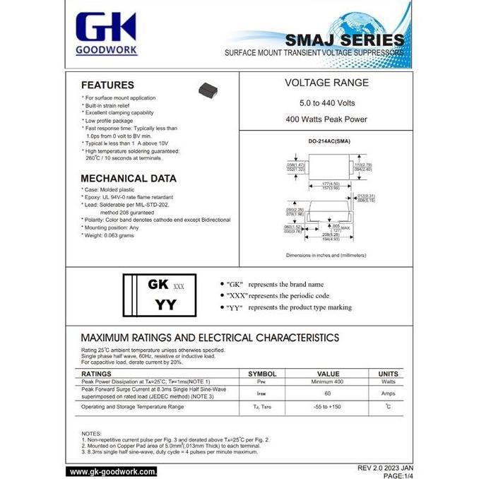 [5 Pcs] Dioda Smaj18Ca Xt Do-214 Tvs Diode Smaj18 Xt Sma Smd 13.7A 400W
