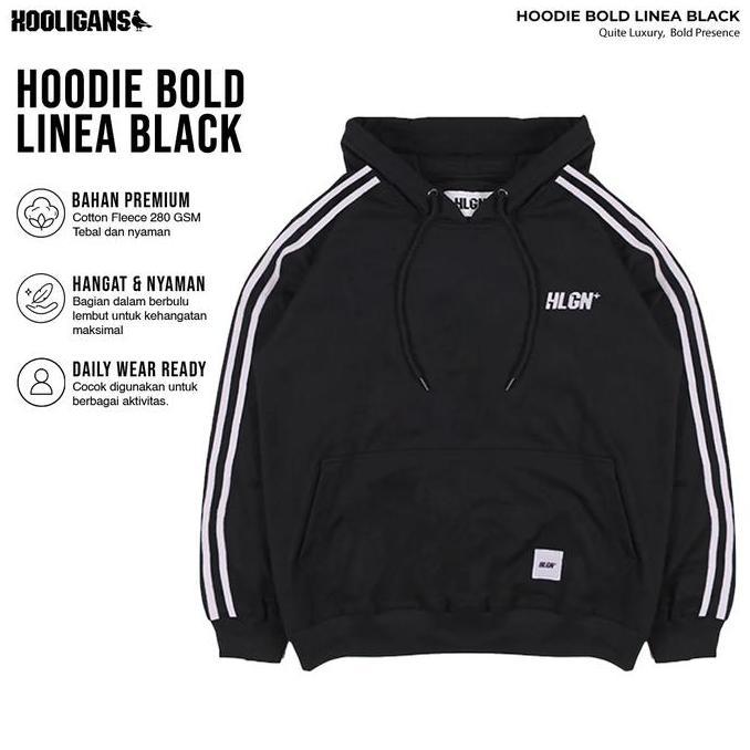 PROMO HOOLIGANS Hoodie Bold Linea Black Hitam Garis Putih Pria Fleece Nyaman Basic Casual BE5T QUALI