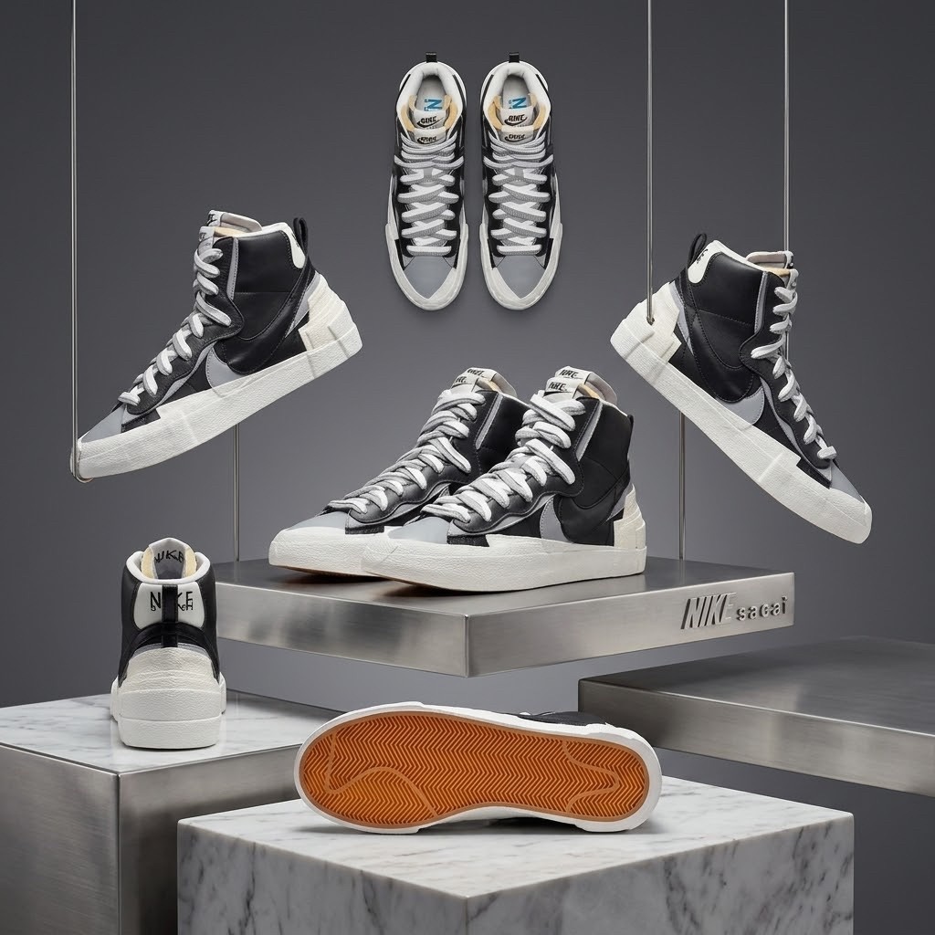 Sepatu Nike Sacai Mid Blazer Black Grey Original