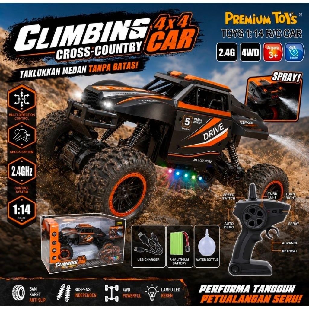 RC Climbing 4x4 Car Premium 1:14 Mobil Remote Control 2.4GHz 4WD Off Road Jumbo Lampu LED Spray Susp