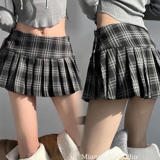 Rok Pendek Lipit Bergaris Pinggang Tinggi Wanita Korea Rok Lipit A-line Ramping Terbaru