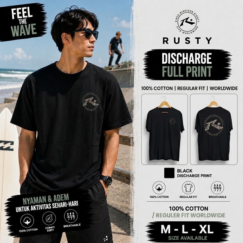 T-Shirt premium Kaos Surfing Rusty Original Pria Hitam Graphic Logo Belakang Cotton 24s Premium