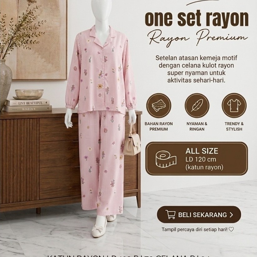 ONESET RAYON PREMIUM/ SETELAN KEMEJA KULLYOUFIT//ONE SET PIYAMA MOTIF RAYON PREMIUM