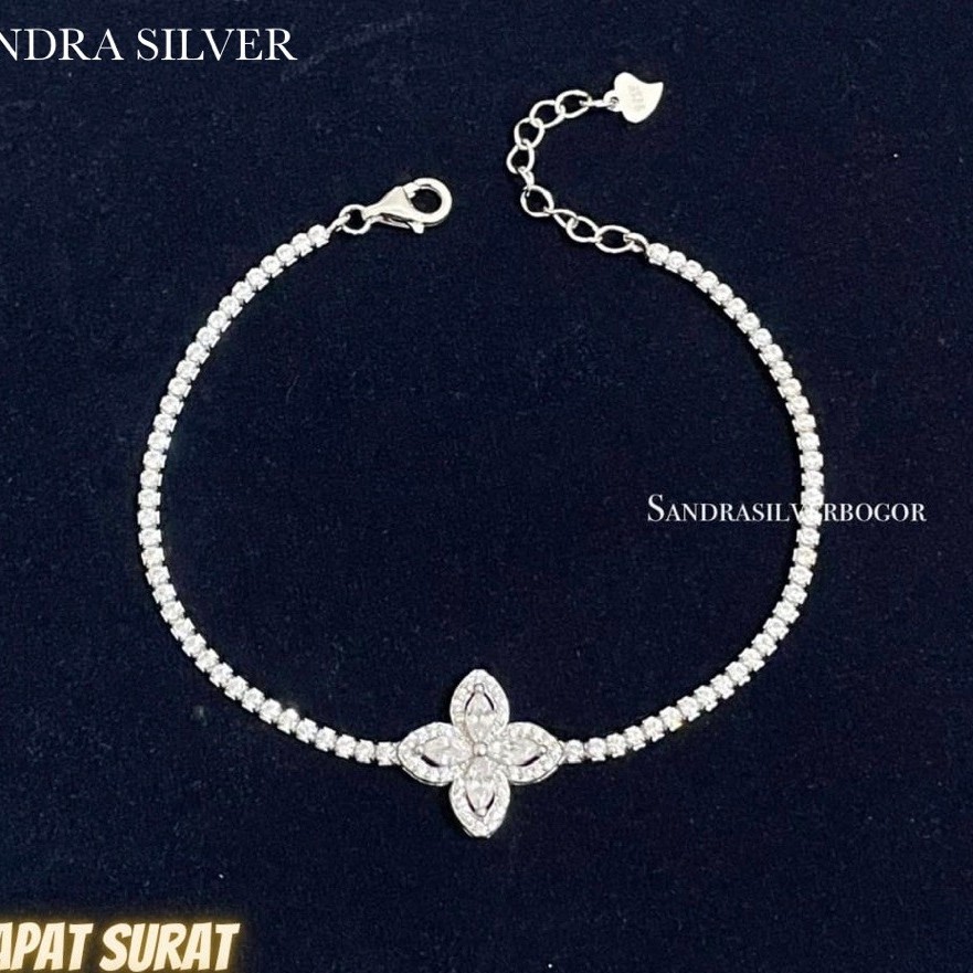 Gelang Bunga Permata Listring Perak 925 Lapis emas putih