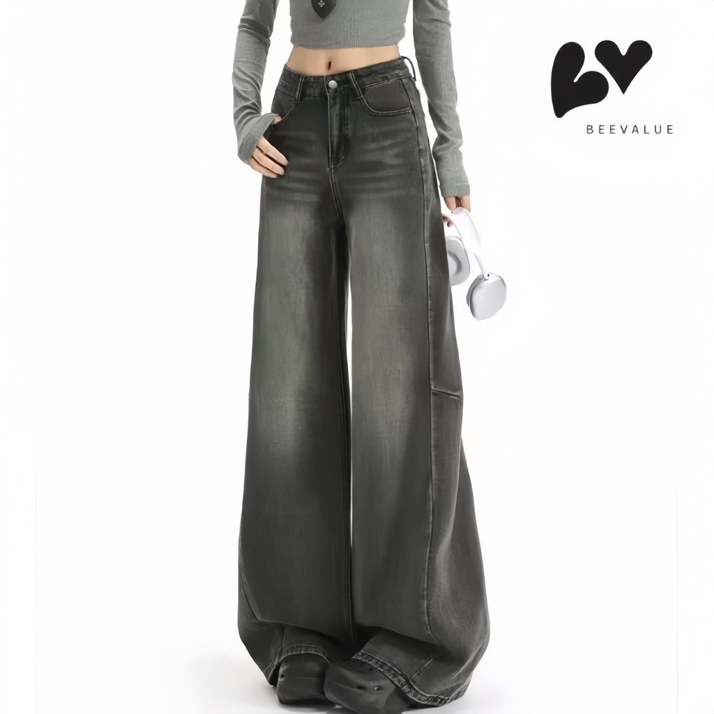 [Beevalue] Celana Panjang Jeans Abu Wanita Oversized Ultra Baggy Jeans Wide Leg Kulot Jeans Loose Je