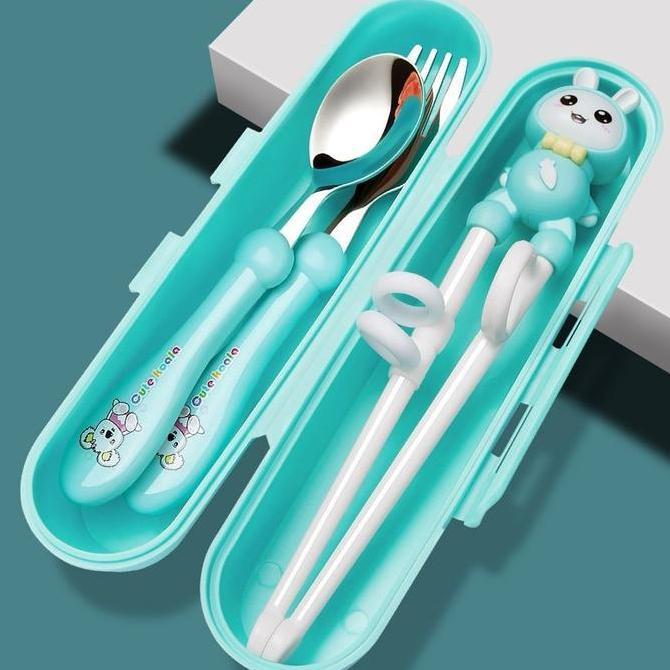 Set Alat Makan Stainless 4 In 1 Set Sendok Gau Sumpit Anak Free Tempat Sendok Sumpit Latihan Anak Tr