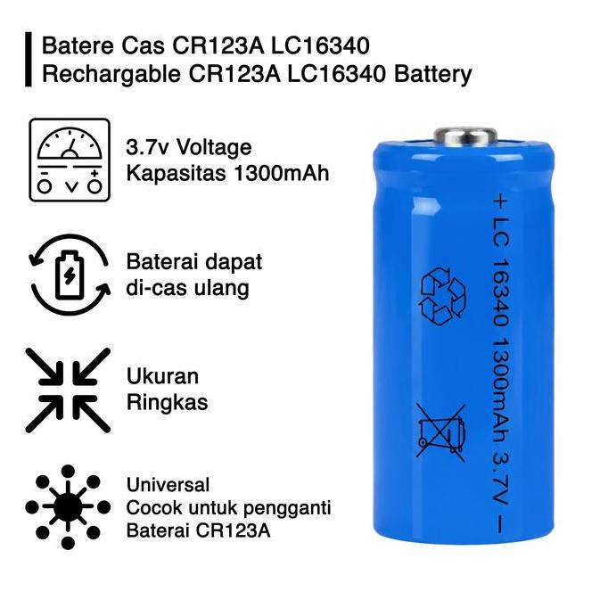 BATERAI BATERE BATRE CAS CHARGE 16340 CR123A 3.7V LI ION LASER 1300MAH UNTUK SENTER BATU ELEKTRONIK 
