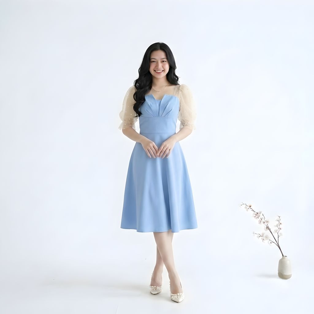 Dress Wanita Korea Kimnara Dress Elegant Lengan Tile Puff Sleeve A-Line Baju Kondangan Pesta Mewah R