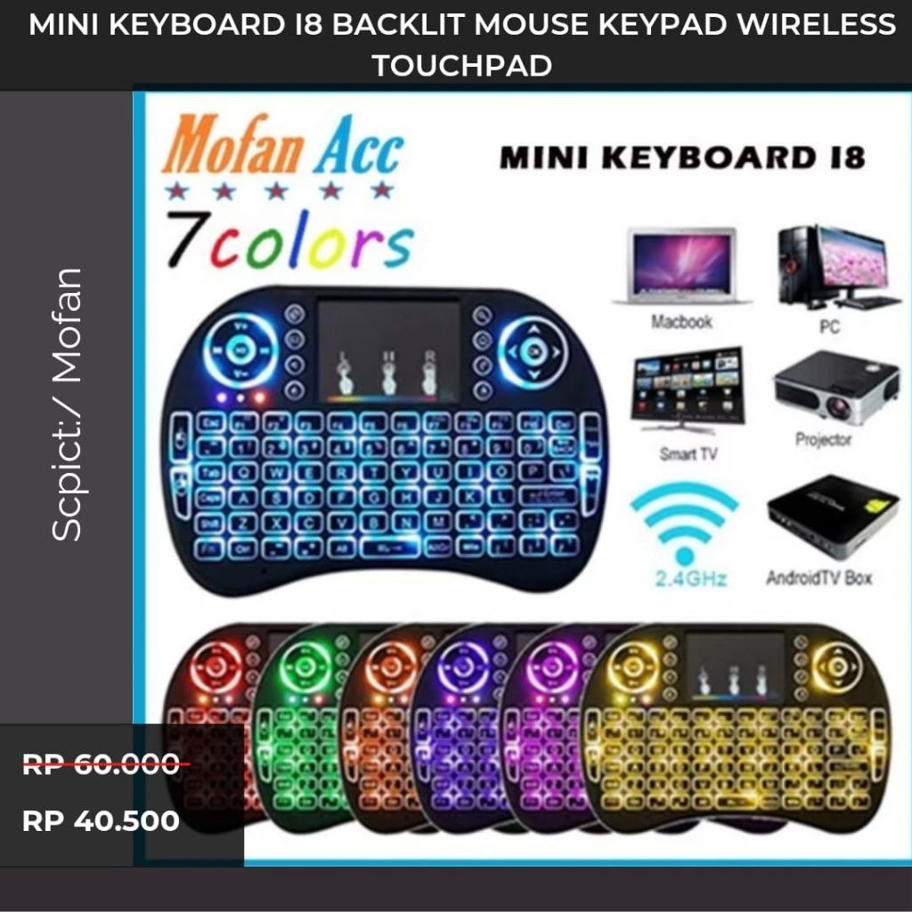 Promo Mini Keyboard i8 Backlit Mouse Keypad Wireless Touchpad Nirkabel Tanpa Kabel Asus Acer Lenovo
