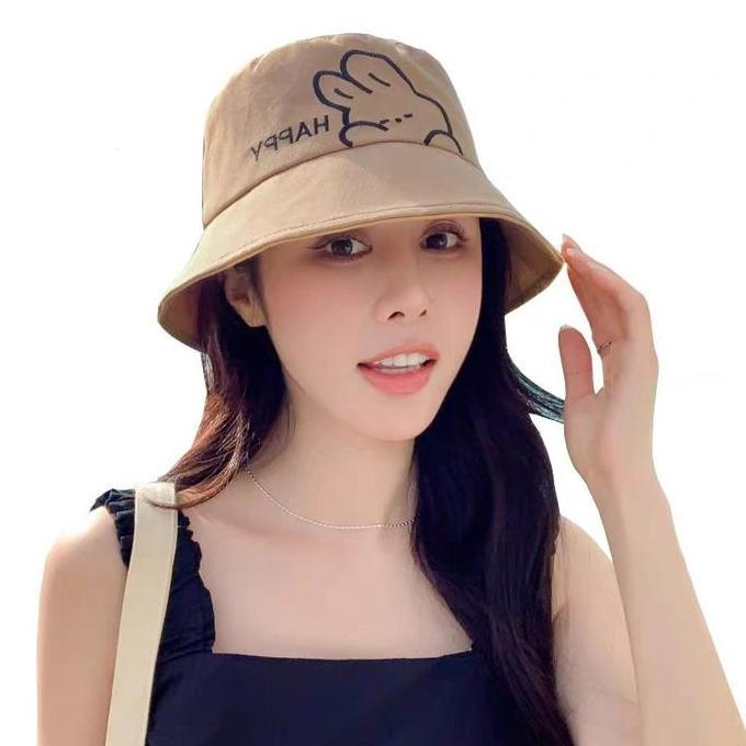 Topi wanita dewasa topi bucket bordel happy lucu Kuning