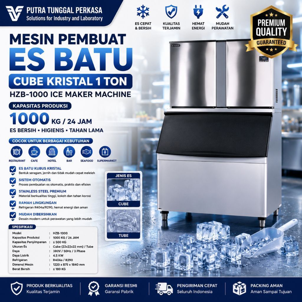 Mesin Pembuat Es Batu Cube / Tube Kristal 1 Ton HZB-1000 Ice Maker Machine Commercial untuk Restoran