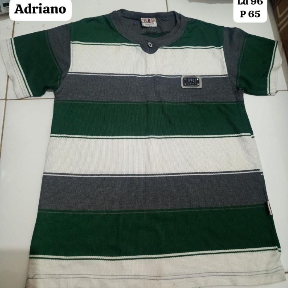 2 pcs Kaos Pria Adriano Lengan Pendek Motif Garis Hijau Abu Putih LD 96 P 65