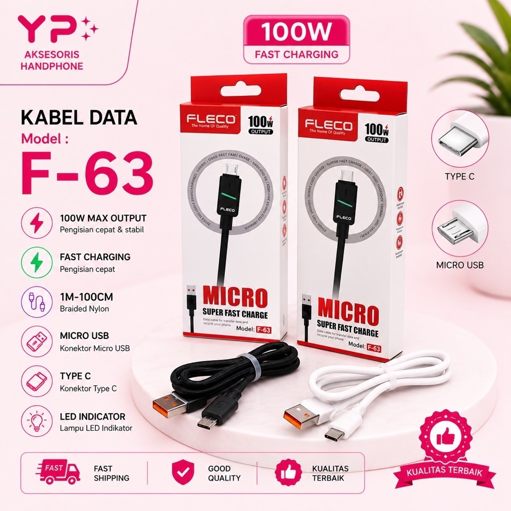 Super Fast Data Cable ORIGINAL FLECO F-63 6A Led 100W USB To MICRO / Type-C Kabel Fast Charging F63