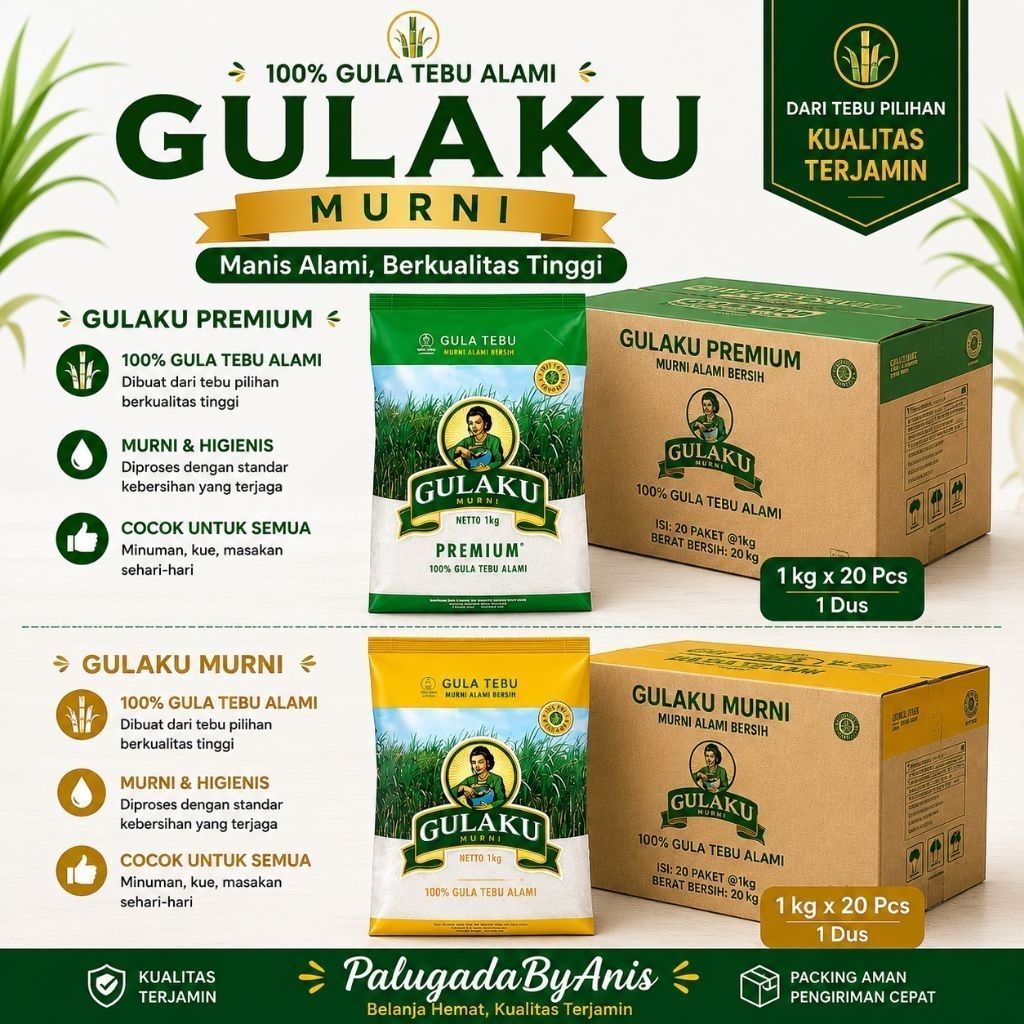Gula Pasir Gulaku 1 Karton isi 20 Paket 1kg - Kemasan Karton Hijau, Stok Terbatas