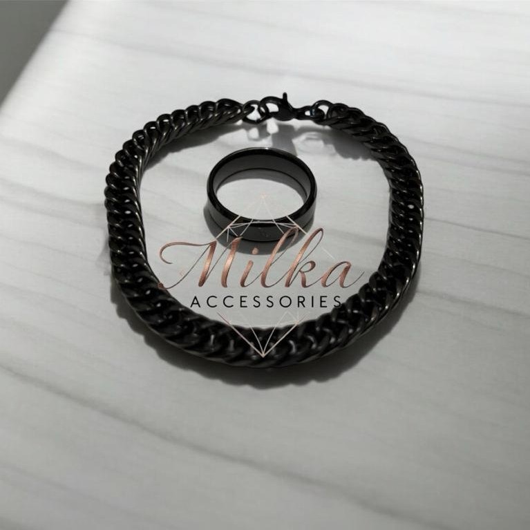 Original Cod Satu Set Gelang Dan Cincin Titanium/Satu Set Gelang Rantai Rapat Dan Cincin Ring Titani