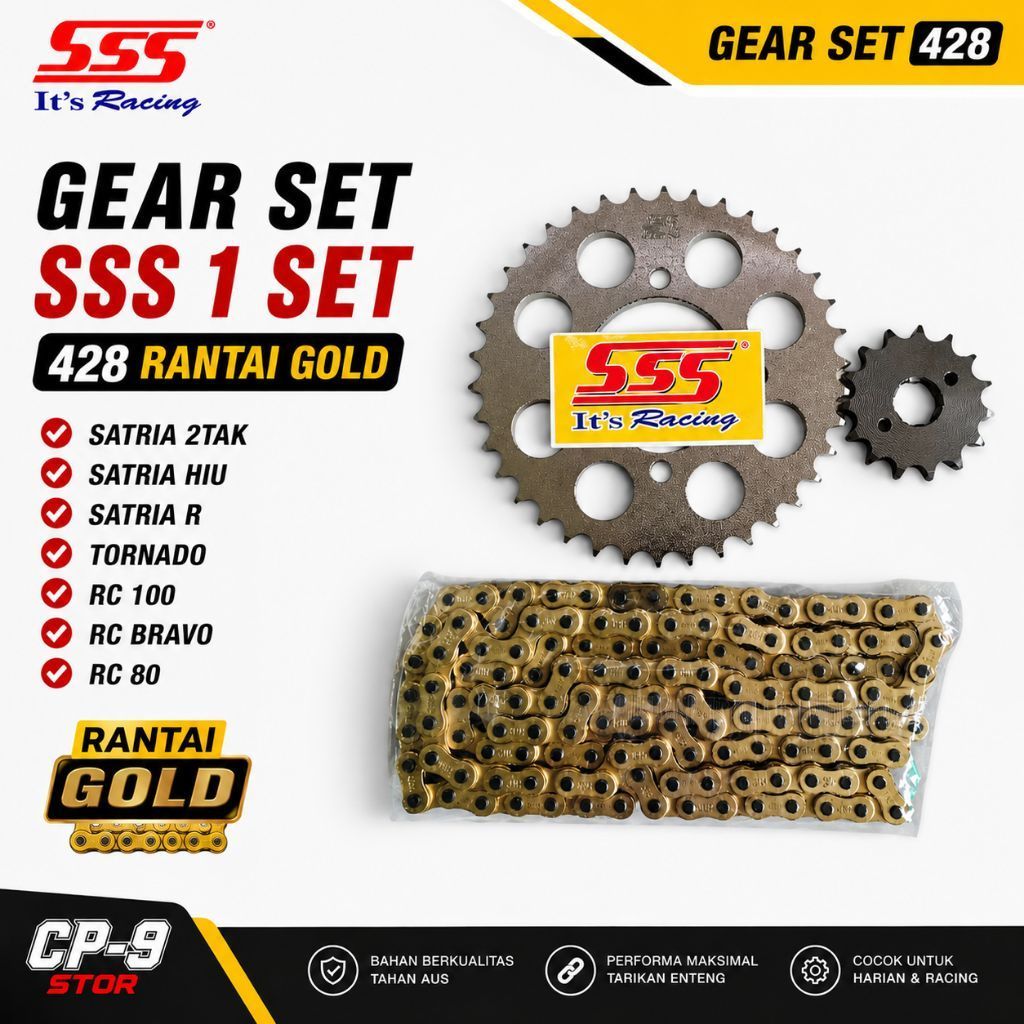 gear gir set sss 428 rantai gold satria 2tak/satria hiu/satria r/tornado/rc 100/rc bravo/rc 80 paket