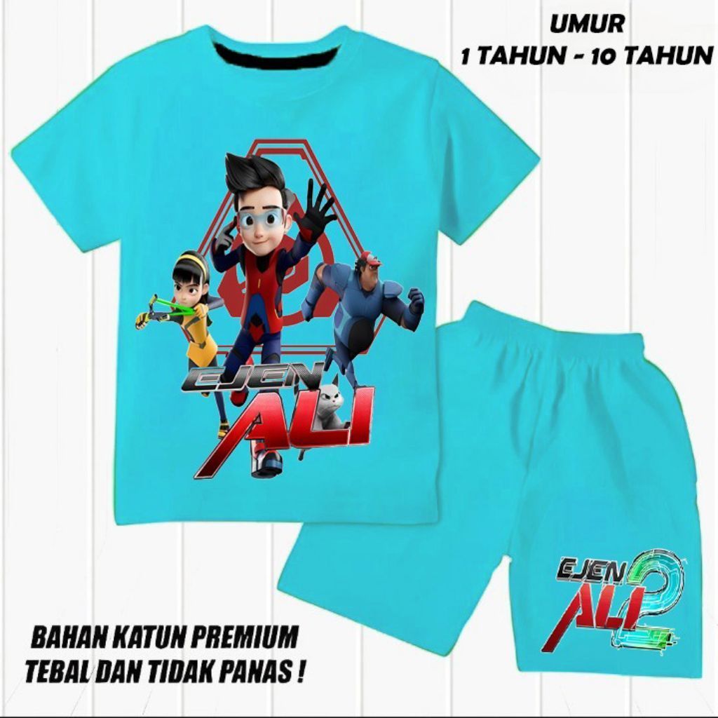 setelan baju set kaos anak laki laki/perempuan,bahan katun premium sablon dtf Ejen ali