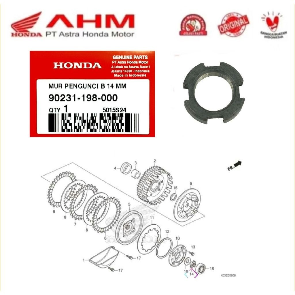 90231 198 000 AHM Mur Rumah Kopling 14mm Honda Grand Legenda Supra X 100 Win 100 Revo 100 110 Karbu 