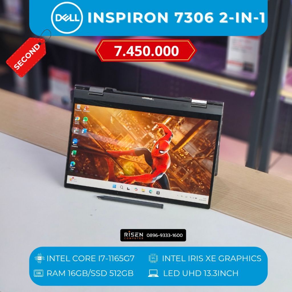 DELL INSPIRON 7306 2-IN-1 Intel Core I7-1165G7 RAM 16GB SSD 512GB UHD 13.3Inch Notebook Second Bekas