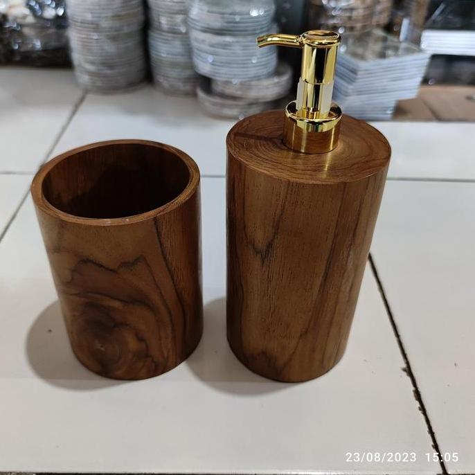 Ready oke] set dispenser soap gold dental holder kayu jati