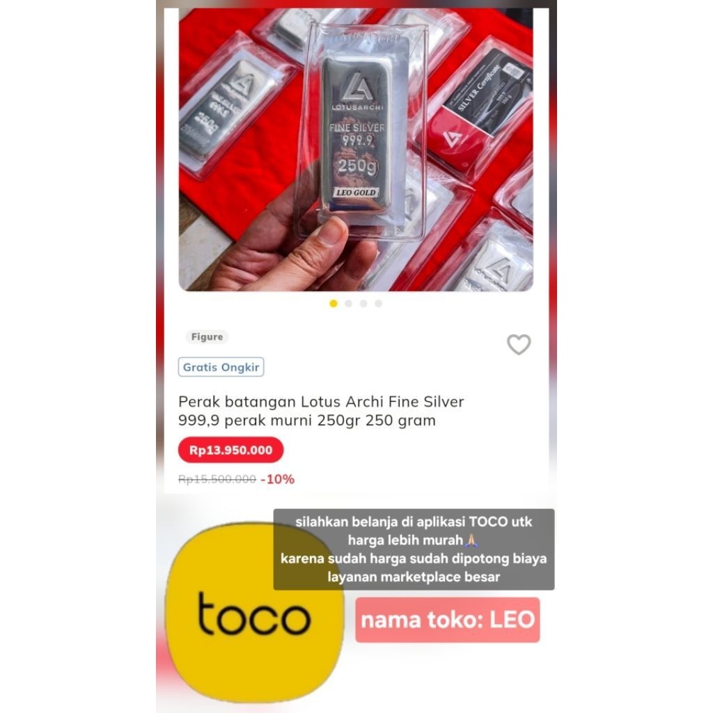 SILVER Lotus Archi PERAK 999,9 LOGAM Perak Batangan Asli Murni 250gram
