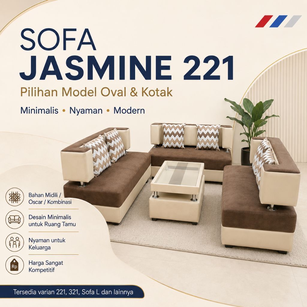 Sofa Jasmine 221 Kotak Minimalis Bludru Kulit Set Meja Sofa Ruang Tamu Modern Minimalis