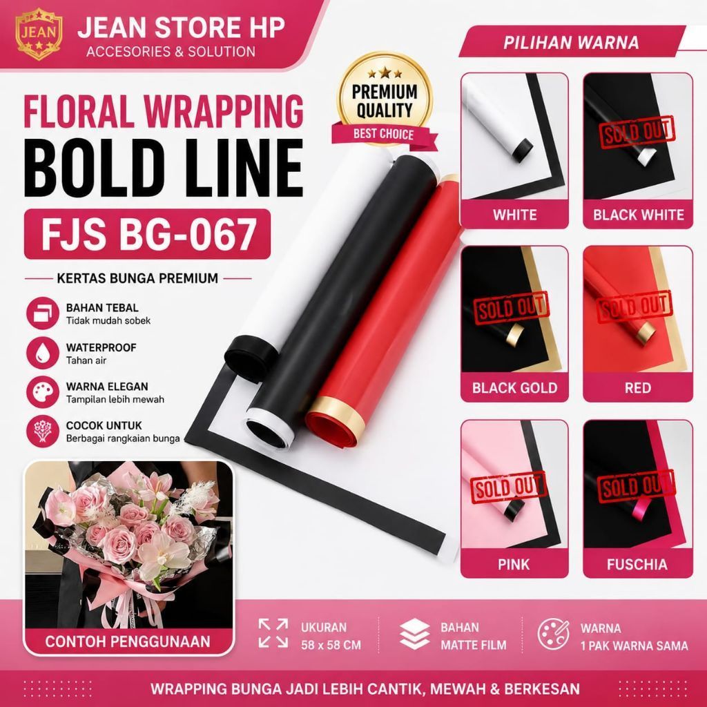 [ 1 PACK ISI 20 LEMBAR] FLORAL WRAPPING BOLD LINE FJS BG-067 / KERTAS BUKET BUNGA POLOSAN