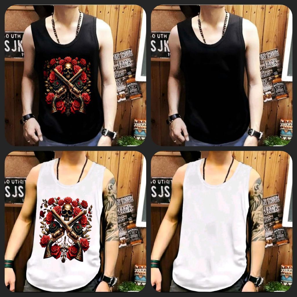 Kaos singlet pria motif tengkorak pist0l bunga mawar tanpa lengan warna hitam putih