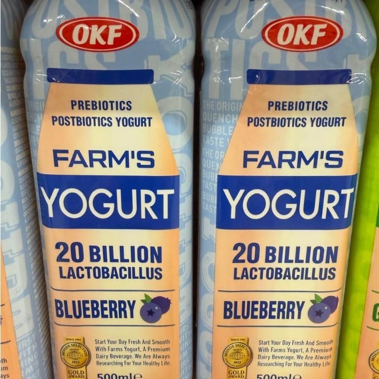 500ML OKF FARM'S YOGURT PEACH. YOGURT BLUEBERRY. YOGURT GREEN APPLE. YOGURT ORIGINAL. FARM YOGURT. Y