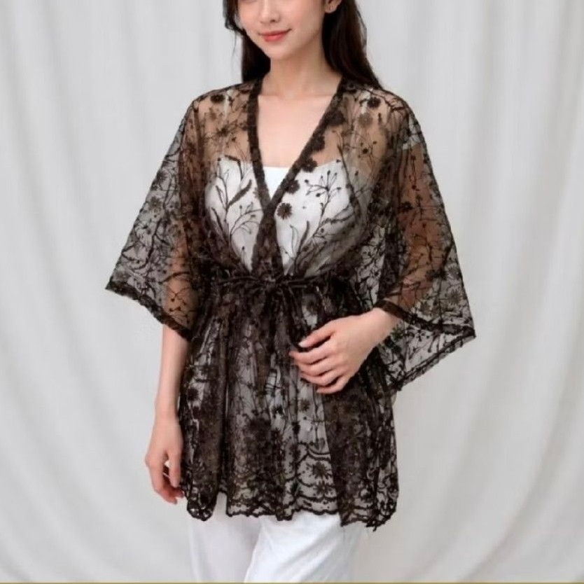 Outer Kimono Brokat Tile Renda | Atasan Kondangan Pesta Outer Brokat Hitam Allsize
