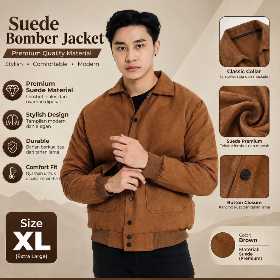 Jaket Bomber Suede Warna Brown | Second