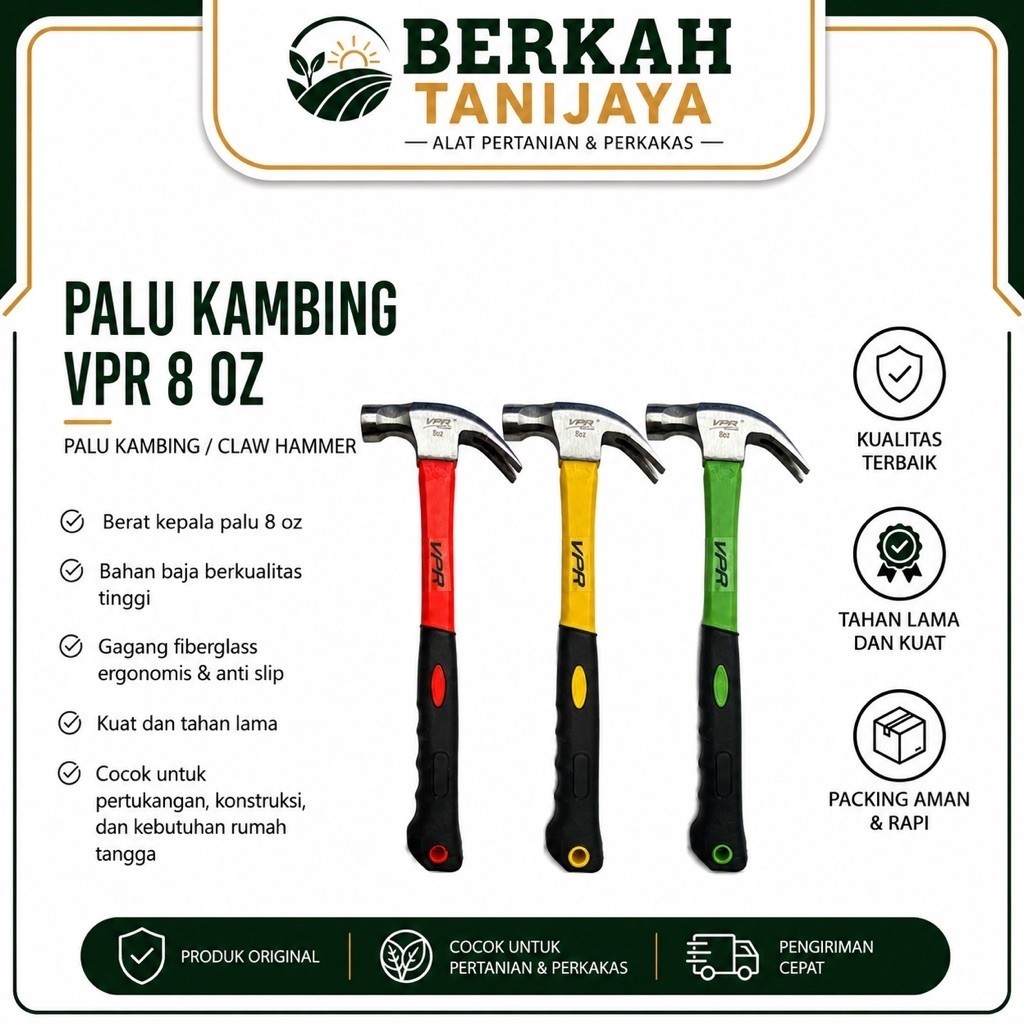 Palu Kambing VPR 8 Oz Claw Hammer Gagang Fiberglass untuk Pertanian Perkakas