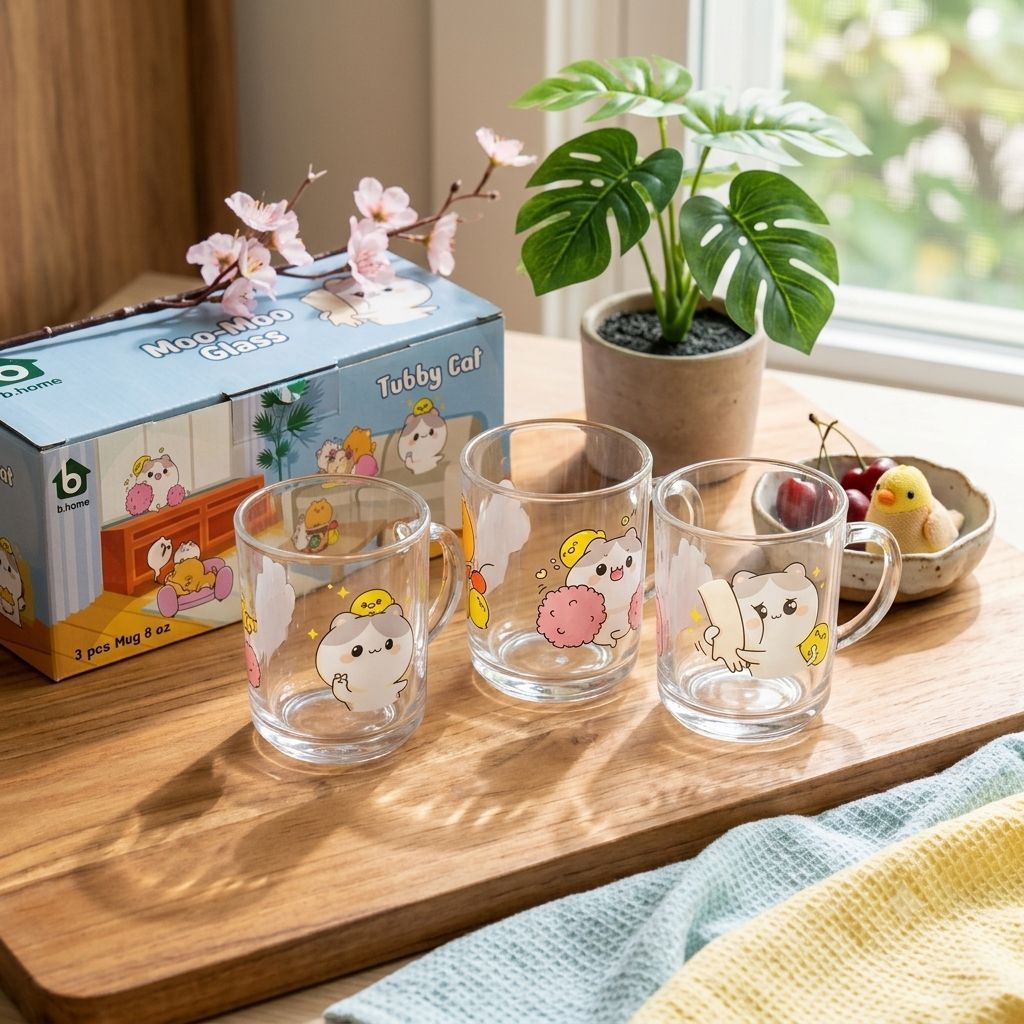 gelas kaca tubby cat mug isi 3 pcs gelas souvenir gelas gagang kaca
