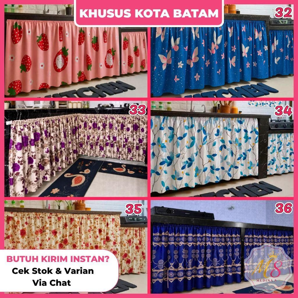[BISA INSTAN] [FREE TALI] Gorden Kolong Dapur Warna Biru Dan Pink Estetik Motif Sakura Ukuran -+100 