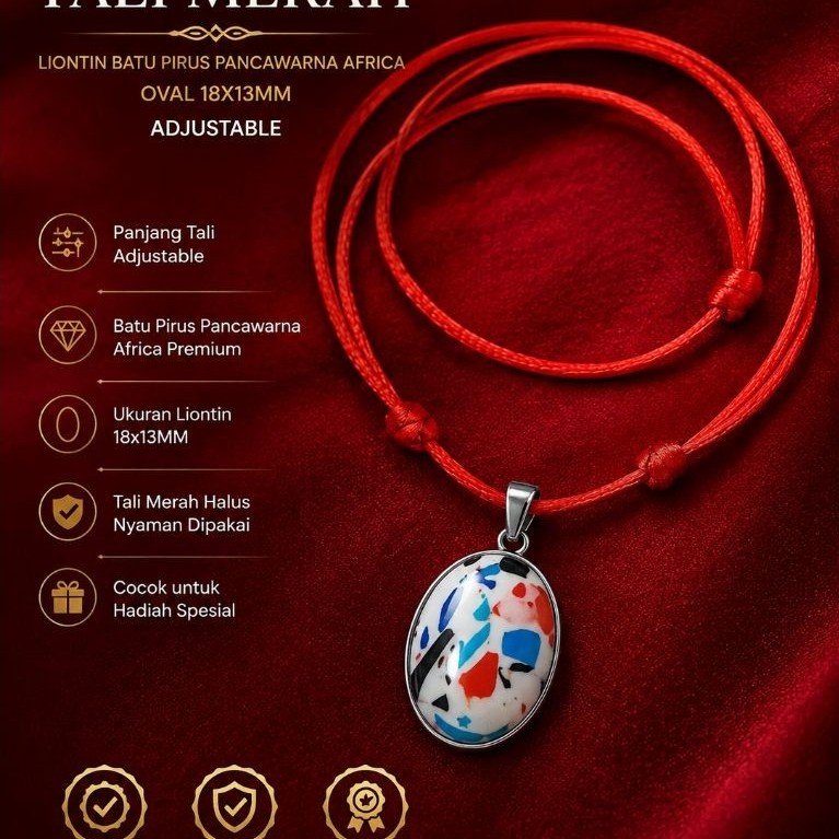 Kalung Liontin Batu Pancawarna Africa Oval 18x13mm Adjustable Tali Merah