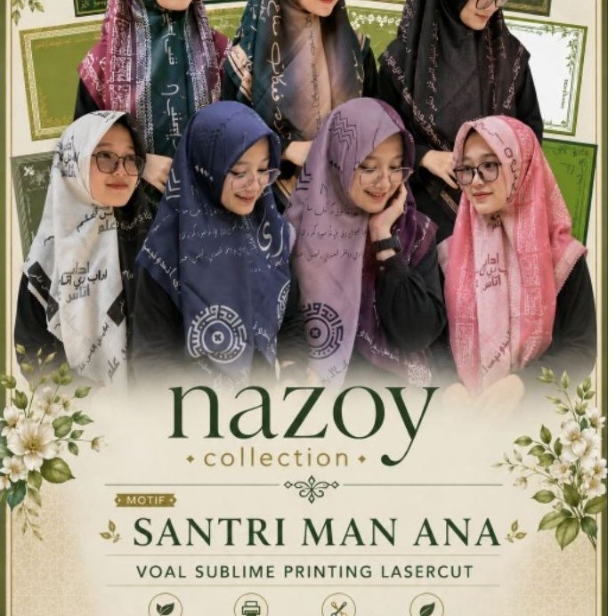 Hijab/jilbab segi empat motif man ana fataya,arab Pegon, mahkota santriku voal premium sublime laser