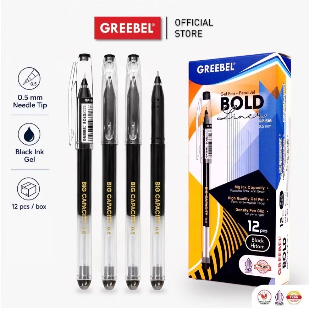 Greebel Pulpen Gel 0.5 mm Hitam Bold Liner GP-516 (1 pack 12 pcs) / Pulpen Gel 0.5mm Hitam / Gel Pen