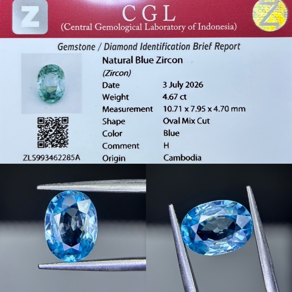 Natural Blue Zircone 4.67 Ct - Lengkap Memo cgl lab