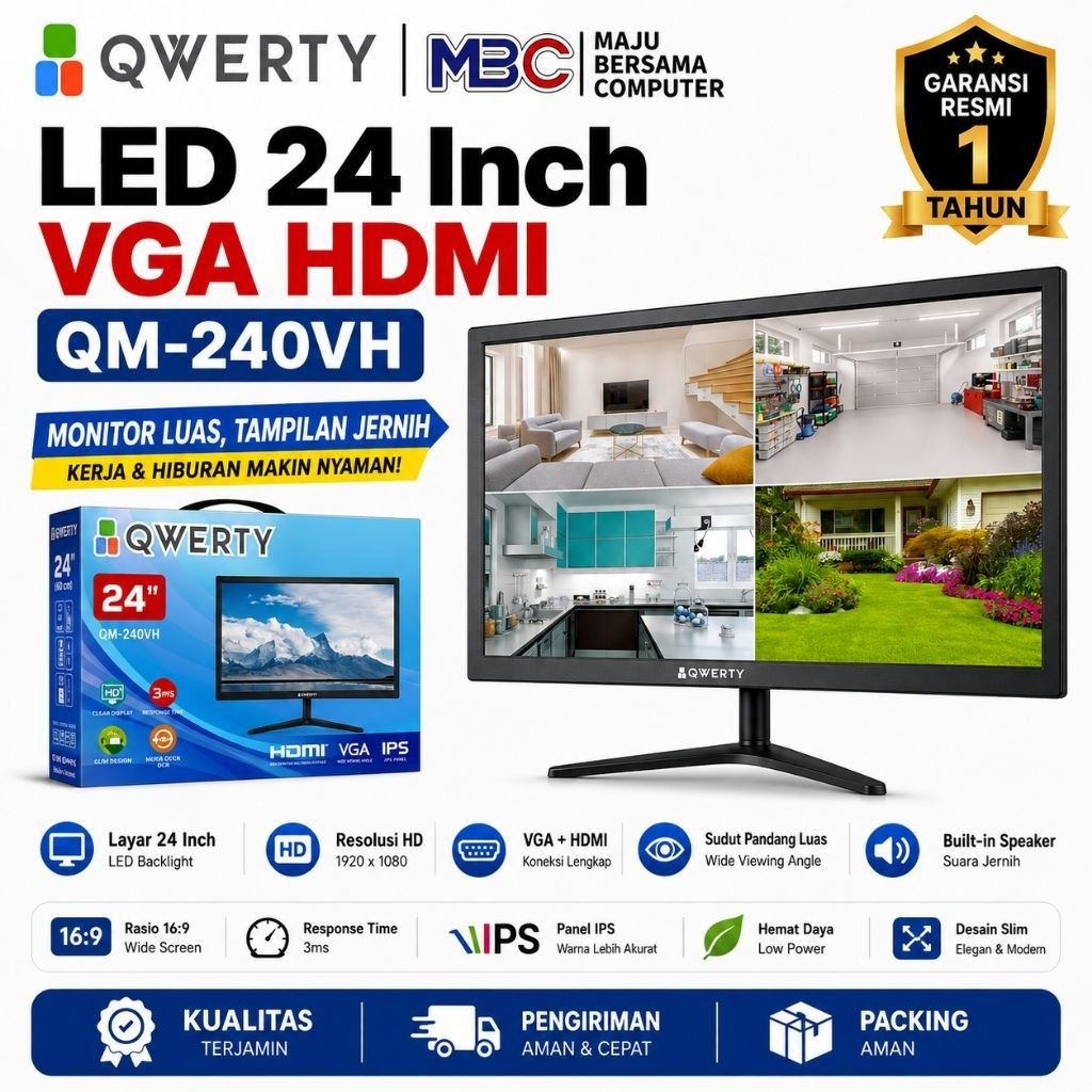 Monitor QWERTY 24 Inch QM-240VH 24 Full HD VGA HDMI IPS Monitor Komputer PC CCTV Kantor Garansi Resm