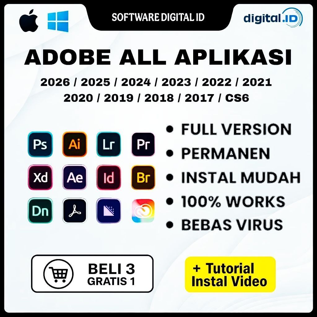 Adobe All Aplikasi ( Photoshop, Illustrator, InDesign, After Effect, Premiere Pro, Acrobat DC Pro, M