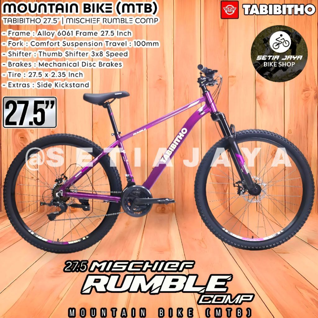 Sepeda Gunung MTB 27.5" Inch TABIBITHO MISCHIEF RUMBLE COMP, Frame Alloy, 3x8 Speed, Rem Cakram, Mou