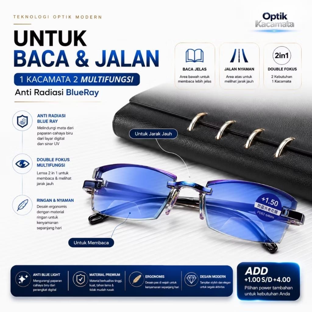 KACAMATA BACA ORIGINAL BLUERAY PRIA / WANITA FRAMELESS