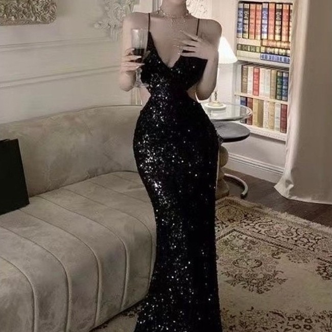 [PREMIUM] Dress Maxi Hitam Sequin Cut Out Sexy Elegant PD101