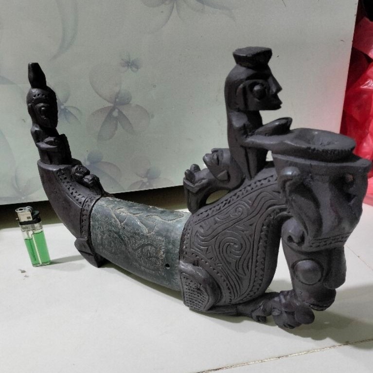 Tempat obat kuno Raja batak dari tanduk dan kayu pjg34cm