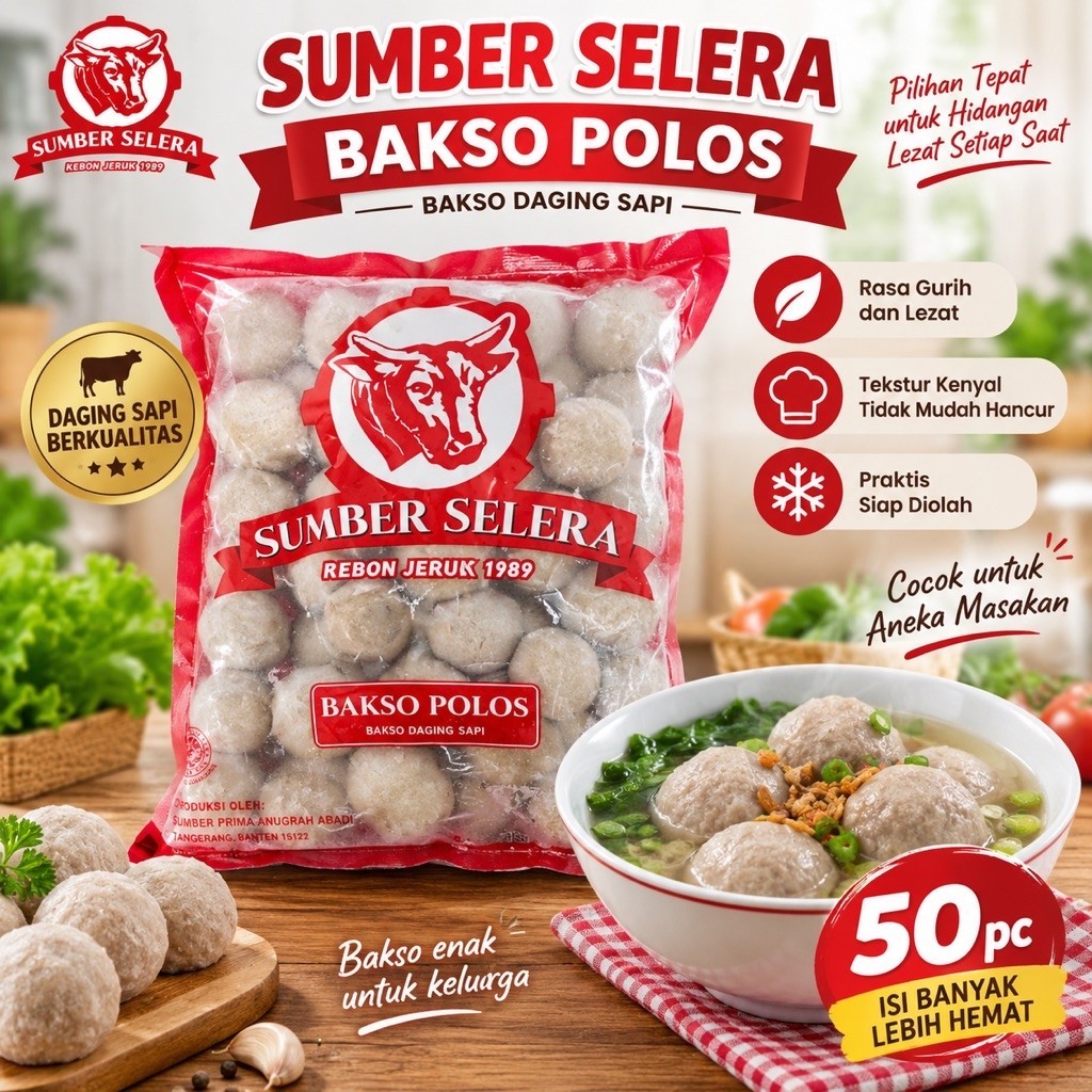 Sumber Selera Bakso Sapi Polos 50 butir / Bakso Daging Sapi Frozen Food / Bakso Sapi Enak Kenyal