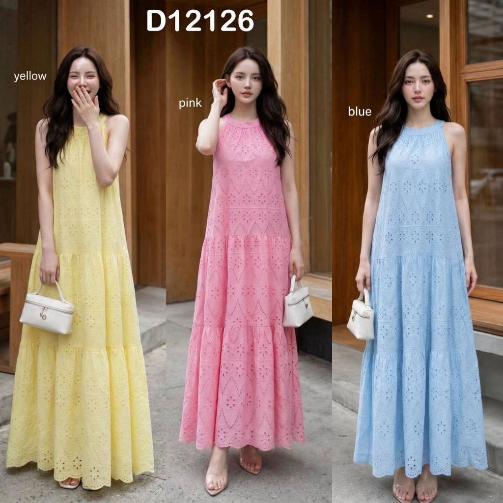 Giselle Broderie Eyelet Halterneck Long Dress / Dress Casual Cantik Premium Wanita D12126