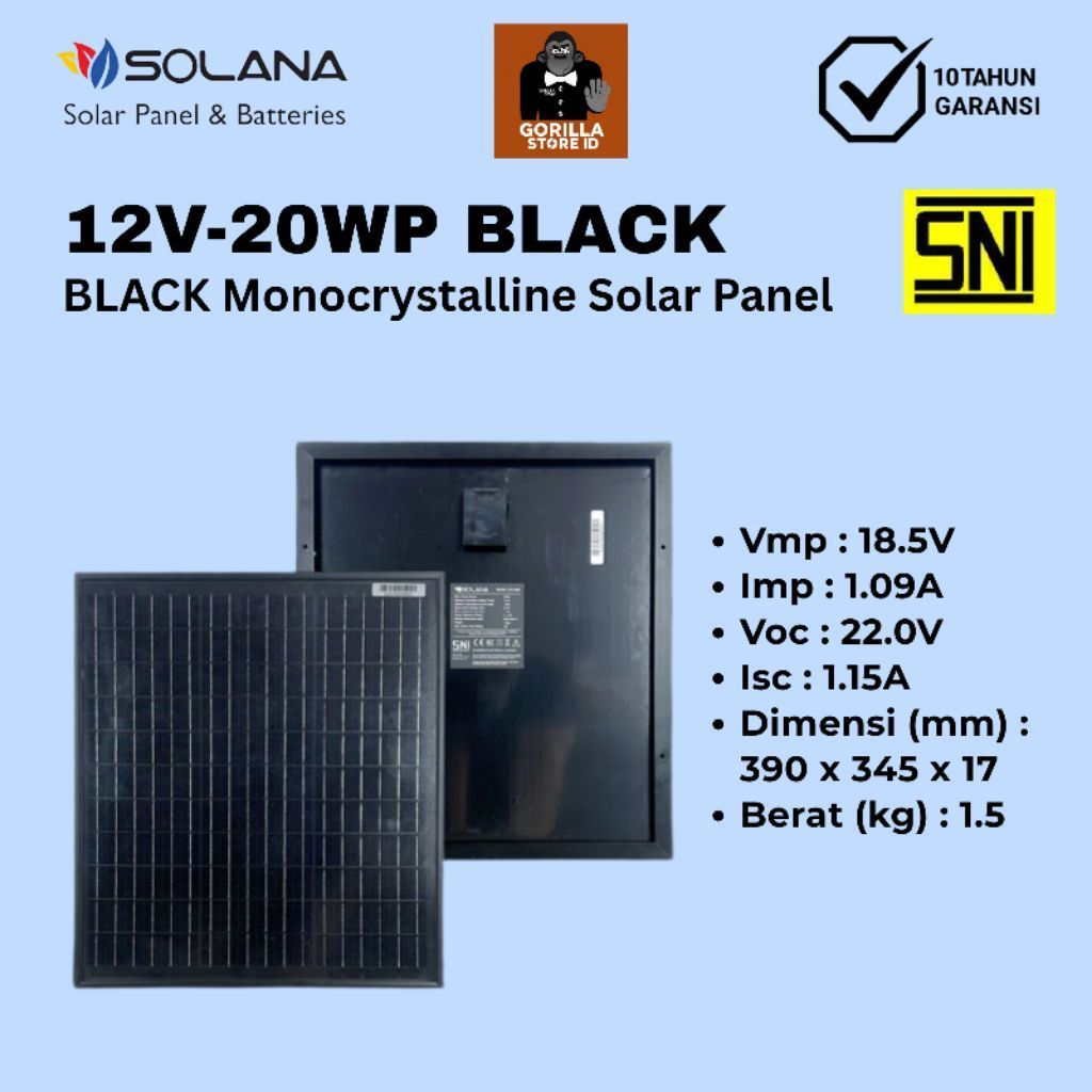 SOLAR PANEL 12V 20WP SOLANA SOLAR CELL MONOCRYSTALLINE BLACK